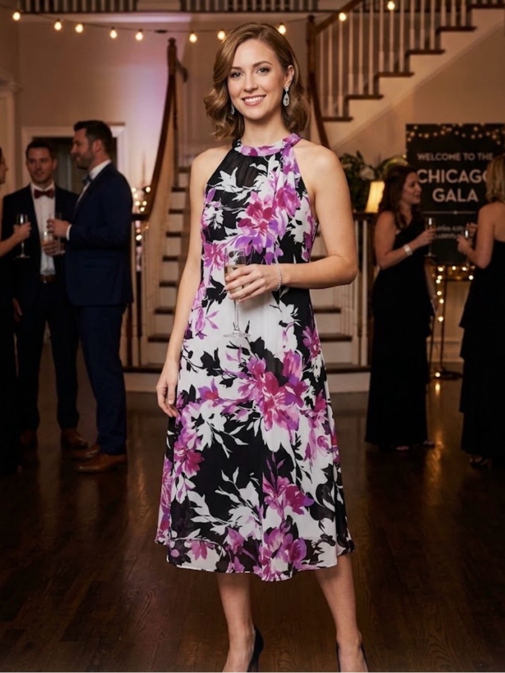 SLNY Black & Pink Floral Halter Midi Dress